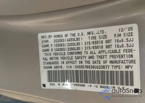 2006 Honda Cr-V Se z USA, uszkodzony, nr VIN SHSRD78936U420877
